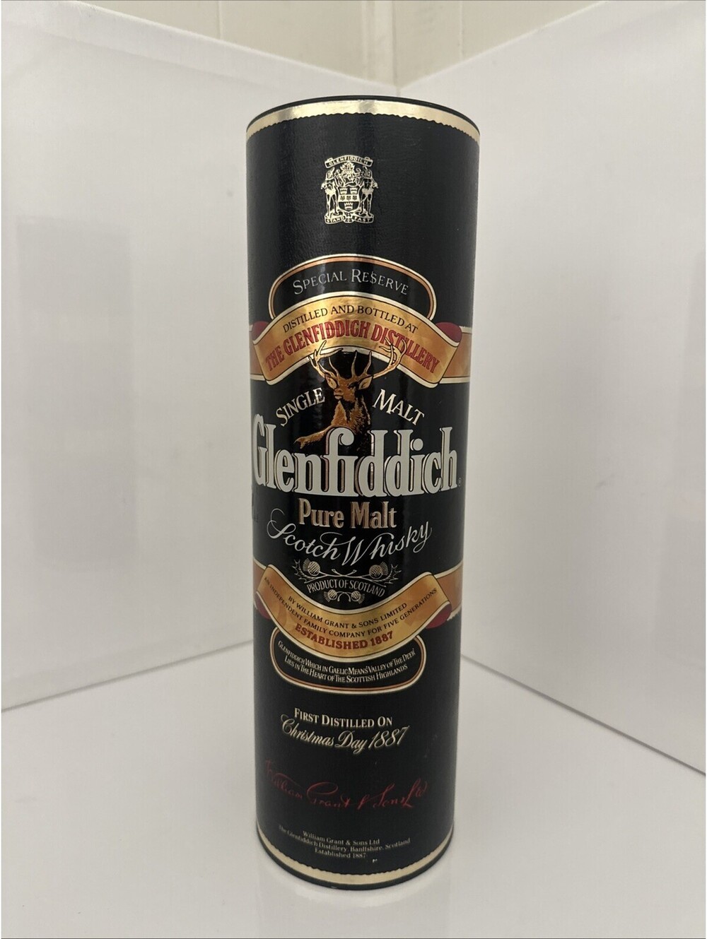 Vintage 1990s Glenfiddich Pure Malt Scotch Whisky Canister Tube Empty Barware